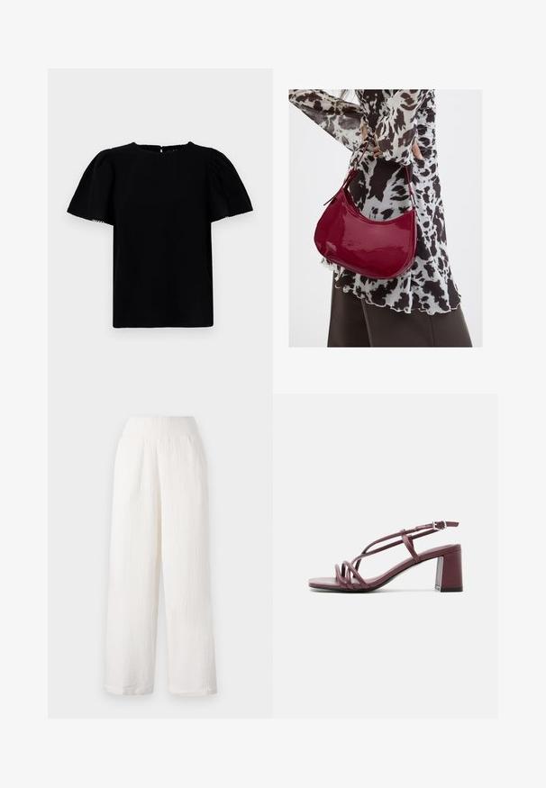 Blusa negra de manga corta con mangas abullonadas, escote redondo y cierre en la parte posterior en forma de ojo de cerradura. Presenta una tela suave y texturizada.; Pantalones de pierna ancha blancos con un tejido texturizado y arrugado. Cuenta con una cinturilla elástica y bolsillos laterales para mayor comodidad.; Sandalia de cuero morado con punta abierta, tacón ancho, correas delgadas cruzadas y hebilla ajustable en el tobillo sobre un fondo blanco.; Mujer con blusa de estampado en blanco y negro sosteniendo un bolso de hombro rojo brillante sobre un fondo liso.