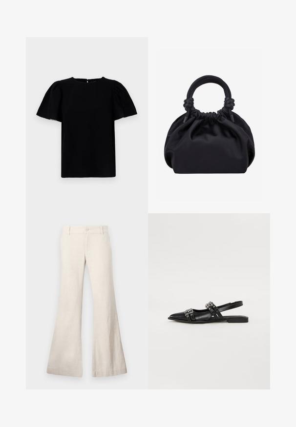 Blusa negra de manga corta con mangas abullonadas, escote redondo y cierre en la parte posterior en forma de ojo de cerradura. Presenta una tela suave y texturizada.; Pantalones beige acampanados confeccionados en una mezcla de lino ligera. Cuentan con un cierre de botón en la parte delantera y bolsillos laterales. Textura suave, diseño casual.; Even&Odd by Zalando Bailarinas con tira trasera - black; Bolso de mano de tela negra suave con parte superior fruncida y asas acolchadas circulares atadas con nudos a cada lado.