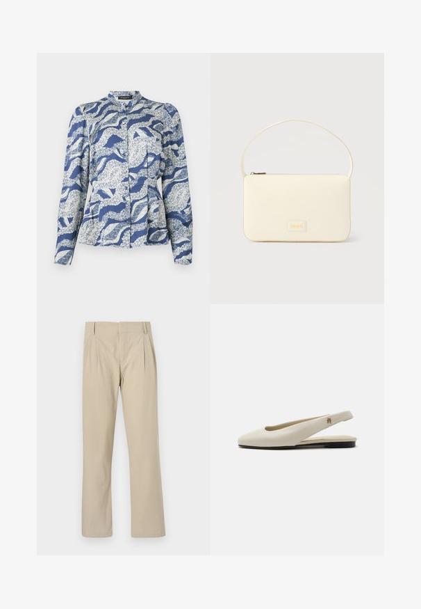 Blusa azul con un patrón de olas en blanco, con frente abotonado, cuello redondeado y mangas largas. Hecha de una tela texturizada.; Pantalones de pierna ancha beige hechos de una mezcla de algodón; presentan pliegues en la parte frontal, corte recto y presillas para cinturón. Textura suave, sin patrones.; Zapato plano slingback de cuero color crema con puntera redondeada y pequeño emblema dorado en la correa.; Bolso rectangular color crema con una sola correa y cremallera superior, con una pequeña placa de logotipo en relieve en el frente.