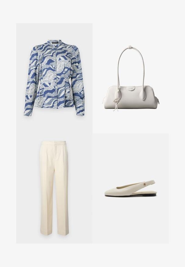 Blusa azul con un patrón de olas en blanco, con frente abotonado, cuello redondeado y mangas largas. Hecha de una tela texturizada.; Pantalones crema a medida con pierna recta, que presentan pliegues delanteros y un acabado suave. La cinturilla es plana y sin adornos.; Zapato plano slingback de cuero color crema con puntera redondeada y pequeño emblema dorado en la correa.; Bolso de hombro blanco de Calvin Klein con asas largas, forma rectangular, cierre de cremallera y charm decorativo con el logo colgando cerca del asa.