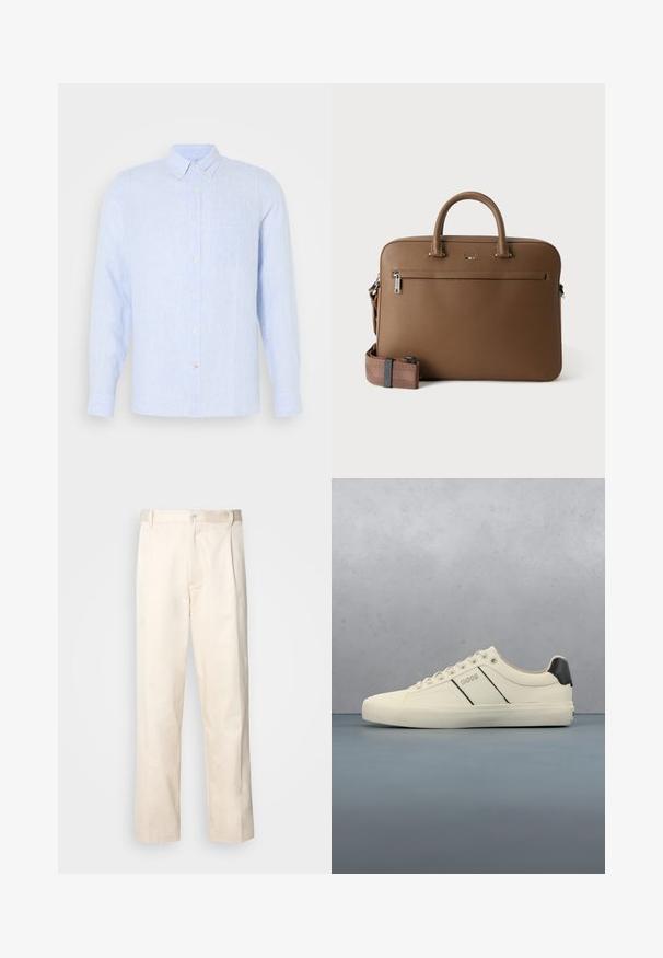 Helles blaues Hemd mit Knopfleiste aus strukturiertem Stoff, mit Kragen, langen Ärmeln, einer Brusttasche und subtilen Streifenmustern.; Beige Baumwollhose mit geradem Bein, ausgestattet mit einem Knopfverschluss und Falten an der Vorderseite für zusätzliche Details.; Cremfarbene Sneaker mit glatter Oberfläche, die schwarze Akzente und Markenlogo aufweisen. Klassisches Schnürdesign mit runder Zehenform und Gummisohle.; Braune Leder-Aktentasche mit oberen Griffen, vorderer Reißverschlusstasche und abnehmbarem, passendem Schulterriemen auf weißem Hintergrund.