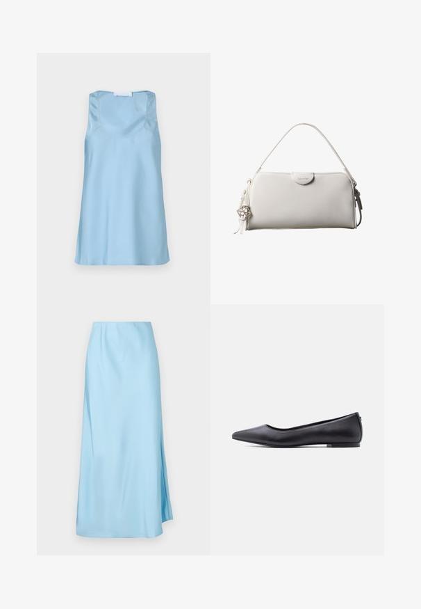 Débardeur en satin bleu clair avec encolure dégagée et larges bretelles, présentant une texture lisse et un ourlet droit.; Jupe midi bleu clair avec une texture lisse, dotée d'une légère fente latérale et d'une ceinture élastique pour le confort et la facilité de port.; Chaussure plate en cuir noire à bout pointu avec petit talon, vue de profil sur fond blanc.; Sac à main rectangulaire blanc Calvin Klein avec une seule poignée, design minimaliste et pampilles décoratives avec un charm métallique géométrique sur le côté.