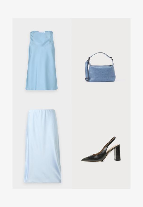 Débardeur en satin bleu clair avec encolure dégagée et larges bretelles, présentant une texture lisse et un ourlet droit.; Jupe midi bleu clair en tissu lisse et léger. Présente un design simple sans motifs ni accessoires visibles.; Chaussure slingback en cuir noir à bout pointu avec un talon bloc haut et une doublure intérieure beige sur un fond clair uni.; Sac à main bleu clair embossé façon crocodile avec une poignée courte et une bandoulière amovible. Texture lisse avec une fermeture éclair.