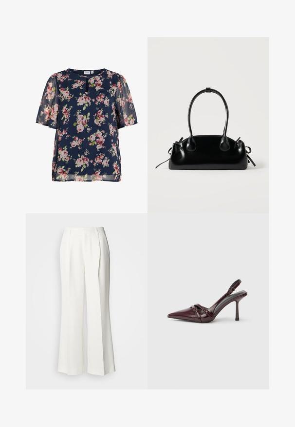 Blouse bleu marine à manches courtes avec imprimé floral rose et blanc et petit détail d'encolure en forme de trou de serrure.; Pantalon large blanc à plis sur le devant, ceinture avec passants pour ceinture, et poches latérales, présenté sur un fond clair.; Escarpin slingback en cuir verni bordeaux avec bout pointu, fine bride à la cheville et petit détail décoratif de boucle. Texture lisse et talon haut.; Petit sac à main noir brillant avec deux longues anses et des détails à cordon sur les côtés sur un fond clair uni.