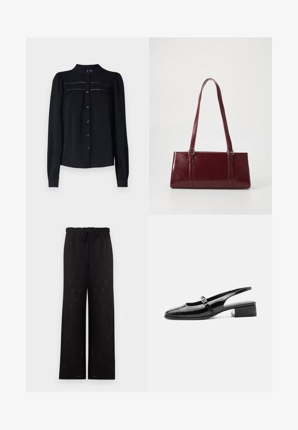 Zwarte blouse met lange mouwen, een kraag, knoopsluiting aan de voorkant, plooidetails onder de schouderpas en geplooide manchetten. Zacht, textuurstof.; Zwarte broek met wijde pijpen, elastische tailleband en geknoopt trekkoord, met een subtiel eyelet-bloemenpatroon over het hele oppervlak.; Zwarte lakleren slingback schoen met een lage blokhak en een dunne band met zilveren gesp bovenop.; Bourgondische handtas van glanzend materiaal, rechthoekige vorm, met twee schouderbanden en subtiele gebogen accenten aan de voorkant.