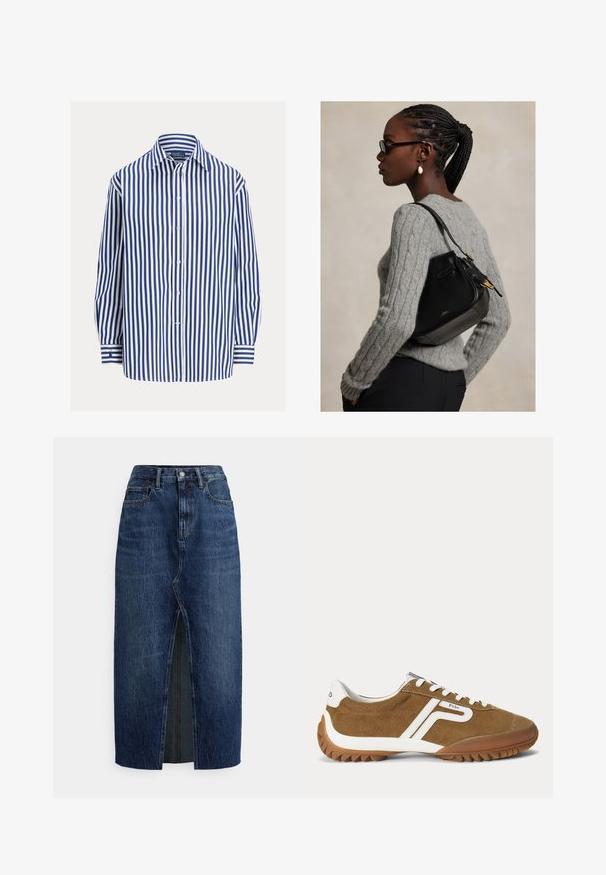Blå og hvide stribede langærmede skjorte med slå-om knapper, enkeltlomme, blødt stof, afslappet pasform, manchetter med striber.; Mørkeblå denim midinederdel med frontslids, bæltestropper, knaplukning og frontlommer, vist på en hvid baggrund.; Brun ruskindssneaker med hvide accenter, hvide snørebånd og "Polo" branding på siden og hælen, der viser den ydre profil.; Kvinde med fletninger og briller iført en grå kabelstrikket sweater og bærende en sort læder skuldertaske med gulddetaljer.