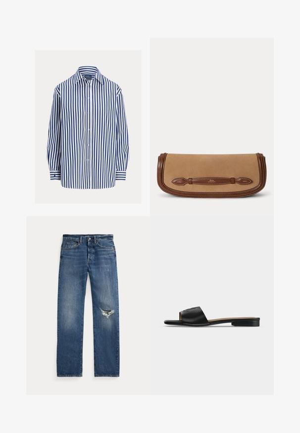 Blå og hvide stribede langærmede skjorte med slå-om knapper, enkeltlomme, blødt stof, afslappet pasform, manchetter med striber.; Blå denim jeans med medium talje, fem lommer og et hullet slid på højre knæ.; Sort flad slip -på sandal med bredt læderrem med subtilt præget logo og lav hæl.; Beige stof clutch med brun lædertrim og håndtag prydet med Polo by Ralph Lauren branding.