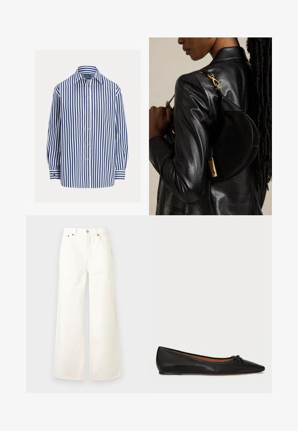 Blå og hvide stribede langærmede skjorte med slå-om knapper, enkeltlomme, blødt stof, afslappet pasform, manchetter med striber.; Hvidt vidtbenet jeans med høj talje, forrest med knap og lynlås, fem-lomme design og detaljer med kobbernitter.; Sorte læderballetflade med spids tå, slank silhuet og en lille sløjfedetalje på forsiden. Glat tekstur og minimalistisk design.; Person iført sort læderjakke bærer sort halvmåneformet håndtaske med guldlås over skulderen mod ensfarvet baggrund.