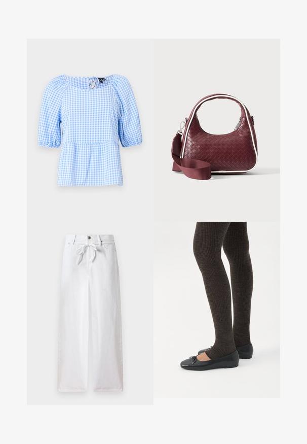 Blouse à carreaux vichy bleu et blanc, dotée d'un encolure froncée et de manches courtes bouffantes, avec un ourlet peplum et un détail de dos en trou de serrure.; Pantalons larges blancs en coton. Dotés d'un cordon de serrage à la taille et d'une fermeture à bouton. Texture lisse avec un design minimaliste.; Jambes portant des leggings côtelés foncés associés à des ballerines noires avec de petits détails en nœud sur fond blanc.; Sac à main en cuir tressé marron foncé avec poignée courbée, garniture blanche, fermeture éclair argentée et bandoulière large en tissu amovible sur fond uni.