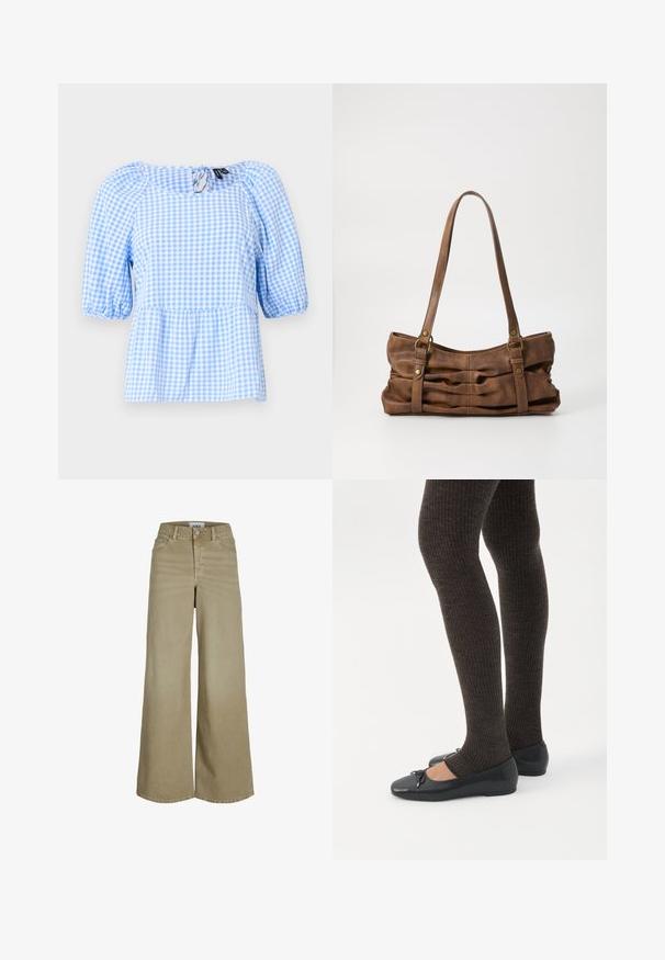 Blouse à carreaux vichy bleu et blanc, dotée d'un encolure froncée et de manches courtes bouffantes, avec un ourlet peplum et un détail de dos en trou de serrure.; Jean large beige avec une taille haute, des coutures détaillées, cinq poches et une fermeture à boutons classique à l'avant.; Jambes portant des leggings côtelés foncés associés à des ballerines noires avec de petits détails en nœud sur fond blanc.; Even&Odd Sac à main - brown
