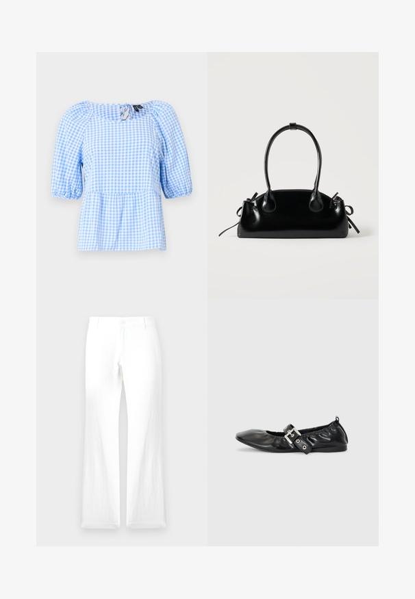 Blusa de cuadros en azul y blanco, con escote fruncido y mangas cortas con volantes, con un dobladillo tipo peplum y un detalle de abertura en la parte trasera.; Pantalones de lino blancos con pierna recta, cierre de botón y sin patrones visibles. Textura suave y diseño minimalista.; Zapato plano de piel negra con puntera afilada, detalle fruncido alrededor de la abertura y un acento de hebilla plateada en la correa ajustable.; Pequeño bolso negro brillante con dos asas largas y detalles de cordón lateral sobre un fondo claro liso.