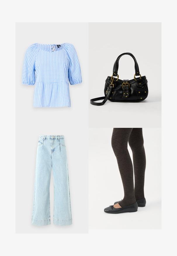 Blusa de cuadros en azul y blanco, con escote fruncido y mangas cortas con volantes, con un dobladillo tipo peplum y un detalle de abertura en la parte trasera.; Jeans de mezclilla de pernera ancha en azul claro, con una cintura alta, bolsillos frontales y detalles cosidos en el dobladillo.; Piernas con leggings oscuros acanalados combinados con bailarinas negras que presentan pequeños detalles de lazo sobre un fondo blanco.; Bolso de cuero negro con hebilla y detalles de remaches dorados, asas cortas y una correa de hombro ajustable sobre un fondo blanco liso.