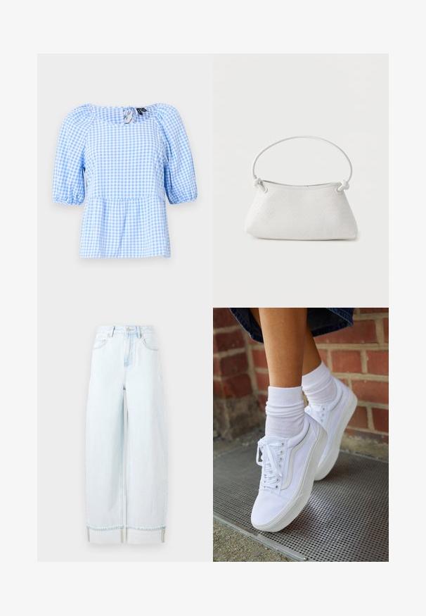 Blusa de cuadros en azul y blanco, con escote fruncido y mangas cortas con volantes, con un dobladillo tipo peplum y un detalle de abertura en la parte trasera.; Jeans de mezclilla de pierna ancha color azul claro, con cintura alta, bolsillos frontales y un dobladillo enrollado con costuras visibles.; Zapatillas de lona blancas con suelas de goma, que presentan seis ojales, puntera redonda y detalles de costura ligera, combinadas con calcetines blancos hasta el tobillo.; Bolso de mano de cuero blanco tejido con asa redondeada y extremos de la correa anudados, exhibido sobre un fondo liso.