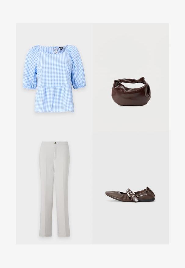 Blouse à carreaux vichy bleu et blanc, dotée d'un encolure froncée et de manches courtes bouffantes, avec un ourlet peplum et un détail de dos en trou de serrure.; Pantalons droits gris clair en tissu lisse, avec une fermeture à bouton sur le devant, des poches latérales et une coupe ajustée.; Chaussure plate en cuir verni marron avec un bout pointu, un détail de nœud élastiqué et une accent en boucle en argent sur le côté. Semelle en caoutchouc noir.; Sac bandoulière en cuir marron foncé avec une forme souple et décontractée et une anse nouée torsadée sur un fond blanc uni.