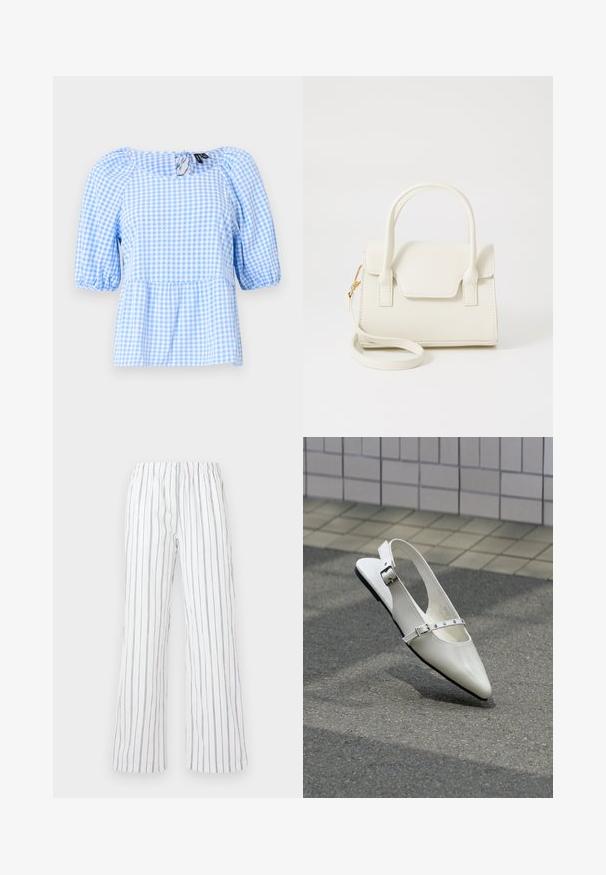 Blusa de cuadros en azul y blanco, con escote fruncido y mangas cortas con volantes, con un dobladillo tipo peplum y un detalle de abertura en la parte trasera.; Pantalones blancos con rayas verticales azules, hechos de una tela ligera. Presentan una cintura elástica y piernas anchas y acampanadas.; Zapato plano blanco con punta puntiaguda y diseño slingback con dos hebillas plateadas, mostrado al aire libre sobre un suelo texturizado y fondo de pared con azulejos.; Bolso pequeño blanco con doble asa, solapa frontal y correa de hombro desmontable con cierre dorado sobre fondo blanco liso.