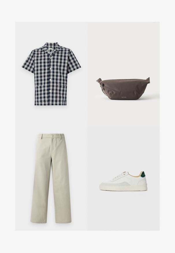 Kortærmet skjorte i marineblå og hvid ternet mønster, lavet af blødt stof, med knaplukning foran og to frontlommer.; Han Kjøbenhavn WIDE LEG - Bukser - light grey; Hvide sneakers med ruskindsdetaljer, rund tå, flade snørebånd og en cremet gummisål. Har grøn branding på hælen.; Mørkebrun stof talje taske med diagonalt lynlåslomme og lille hvidt logo på fronten, sat mod en ensfarvet lys baggrund.