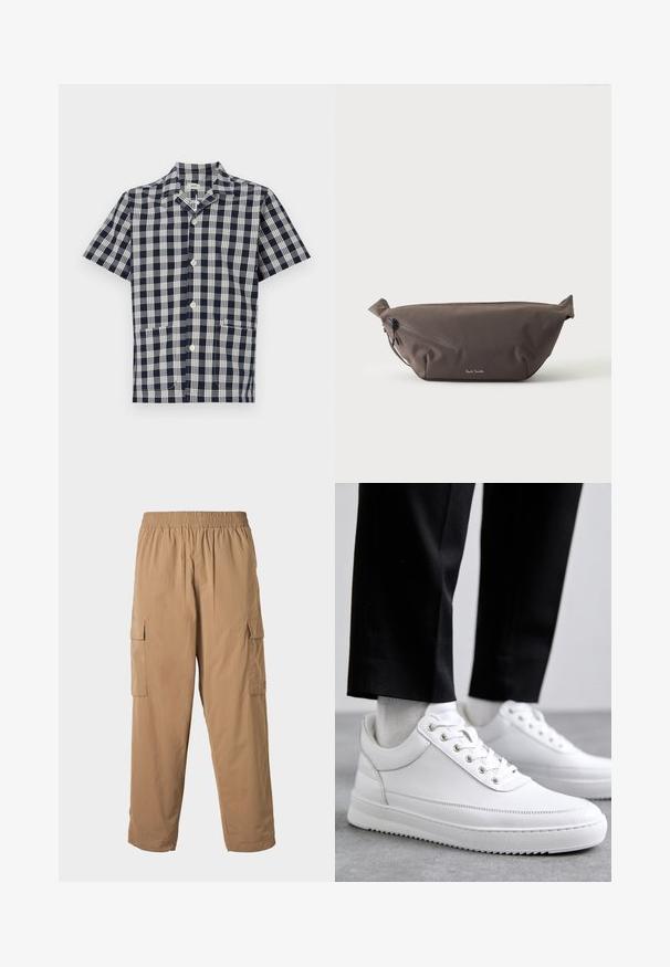 Korte mouw shirt in marineblauw en wit geruit patroon, gemaakt van zachte stof, met een knoopsluiting aan de voorkant en twee borstzakken.; Beige cargo broek met een elastische tailleband, voorzien van meerdere zijzakken en een lichte, gladde textuur. Recht model.; Witte leren sneakers met een platte rubberen zool, met een soepele afwerking, ronde neus en metalen oogjes voor de veters. Draag ze met een zwarte broek.; Donkerbruine stoffen heuptas met diagonale ritssluiting en klein wit logo aan de voorkant, tegen een effen lichte achtergrond.