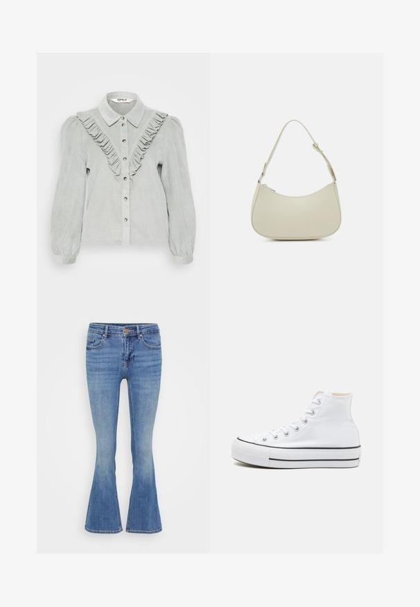 Lys grå kordfløjlsskjorte med flæset forkant, knaplukning og krave. Lange pufærmer med elastiske manchetter.; Blå denim jeans med flared ben og medium højde i taljen, femlomme-design og klassisk syning. Bløde at røre ved med en let falmet finish.; Hvide høj-top sneakers lavet af kanvasmateriale, sort gummisål og kontrasterende sort stribe på mellemsålen. Rund tåhætte og snørebåndsdesign.; Pieces PCALUANA SHOULDER BAG - Håndtasker - birch