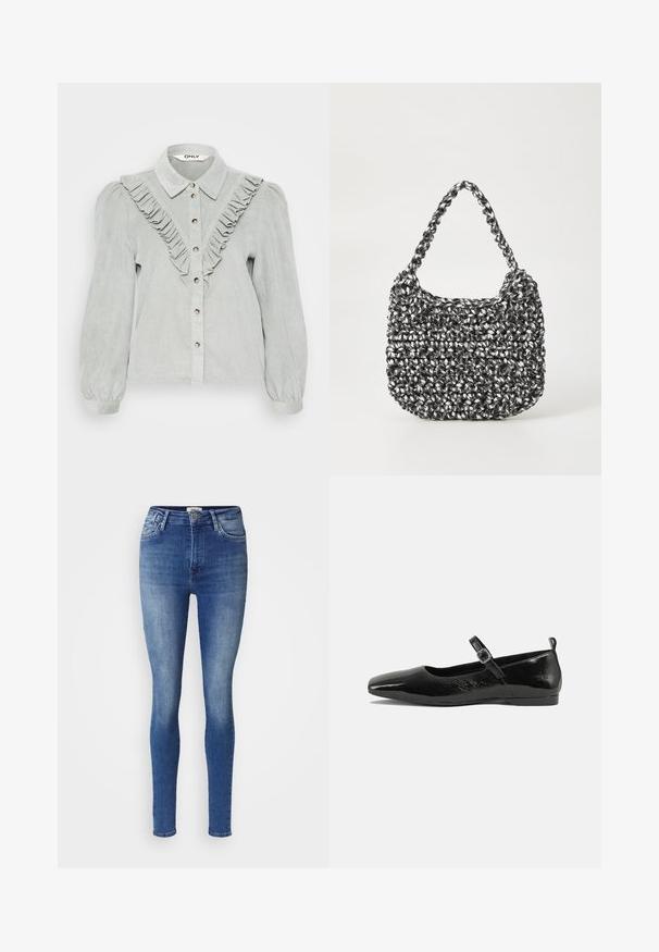 Lys grå kordfløjlsskjorte med flæset forkant, knaplukning og krave. Lange pufærmer med elastiske manchetter.; Trendy slim jeans i mellemblå denim med en slidt finish. Har et klassisk fem-lommers design og en mellemhøj talje.; Sorte patentlæder flade sko med spidse tæer, en ankelrem med spænde og en glat, blank tekstur. Lav hæl for komfort.; Vævet håndtaske i sort og hvid med en rund form, tekstureret overflade og et fletet håndtag. Velegnet til afslappet brug.