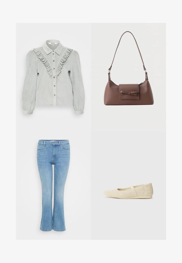 Hellgraues Kordhemd mit gerüschtem Vorderteil, Knopfleiste und Kragen. Lange Puffärmel mit elastischen Bündchen.; ONLY Petite ONLANN MID - Flared Jeans - light blue denim; Beige Ballerinas aus glattem Leder mit mandelförmiger Zehenpartie und elastischem Riemen über dem Fußrücken, ausgestattet mit dezenten Nähtelementen.; Braune Leder-Umhängetasche mit einer vorderen Klappentasche, die ein gestepptes Schleifendetail und einen verstellbaren Riemen aufweist.