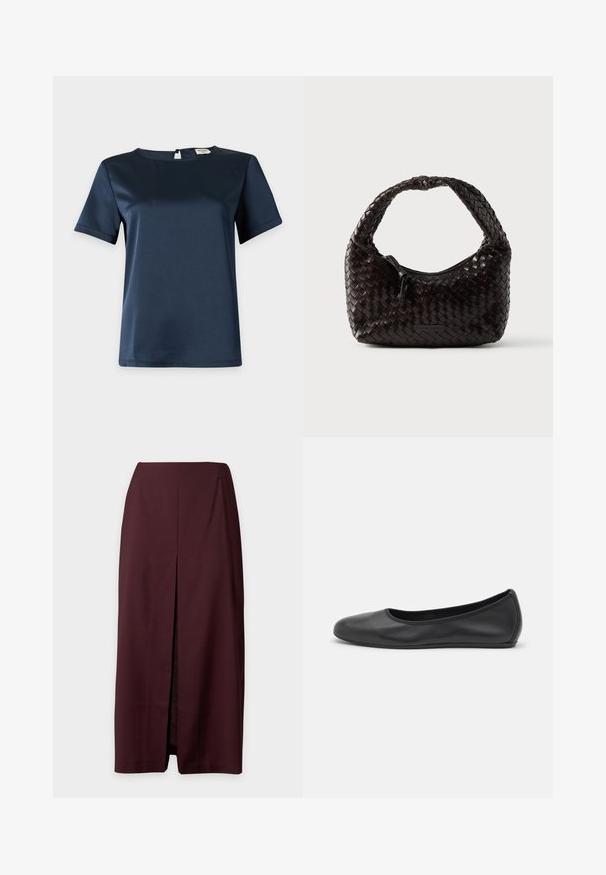 Blouse en satin bleu marine à manches courtes avec encolure ronde et fermeture boutonnée au dos sur fond clair uni.; Jupe midi droite bordeaux foncé avec une fente centrale à l'avant et une taille haute, présentée sur un fond clair.; Ballerines en cuir noir avec un bout rond, texture lisse, détails de couture minimalistes et design de semelle flexible.; Sac à main en cuir tressé de couleur brun foncé, de forme arrondie avec une poignée épaisse et tressée. Dispose d'une fermeture éclair et d'un logo discret sur le côté.
