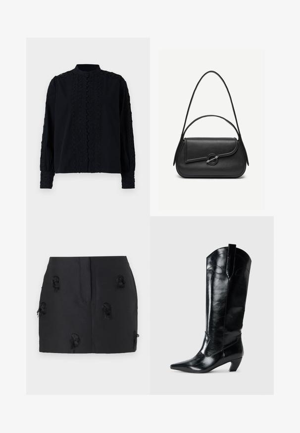 Blusa negra con cuello alto, que presenta detalles de encaje vertical y cierre de botones. Mangas largas con acentos bordados en los puños.; Falda negra con un diseño ajustado y acentos texturizados deshilachados repartidos por la tela. Material suave sin cerraduras visibles.; Botas de cuero negras hasta la rodilla con punta afilada, tacón bajo y detalle de costura decorativa en los laterales. Acabado suave y brillante.; Bolso de cuero negro con bordes redondeados, solapa asimétrica, cierre circular de metal y correas de hombro cortas y largas.
