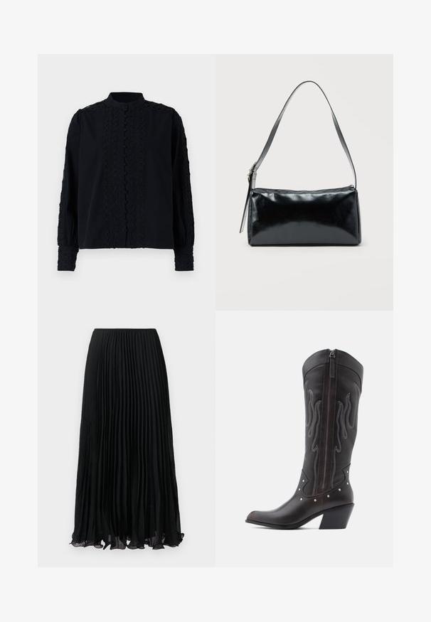 Blusa negra con cuello alto, que presenta detalles de encaje vertical y cierre de botones. Mangas largas con acentos bordados en los puños.; Falda midi plisada negra con tela translúcida y cinturilla elástica, presentada plana sobre un fondo blanco.; Botas de cowboy de cuero marrón con costuras en forma de llama, cremallera lateral, tachuelas plateadas, punta puntiaguda y tacón apilado.; Bolso de hombro rectangular negro con una correa ajustable y un cierre de cremallera superior sobre un fondo liso.