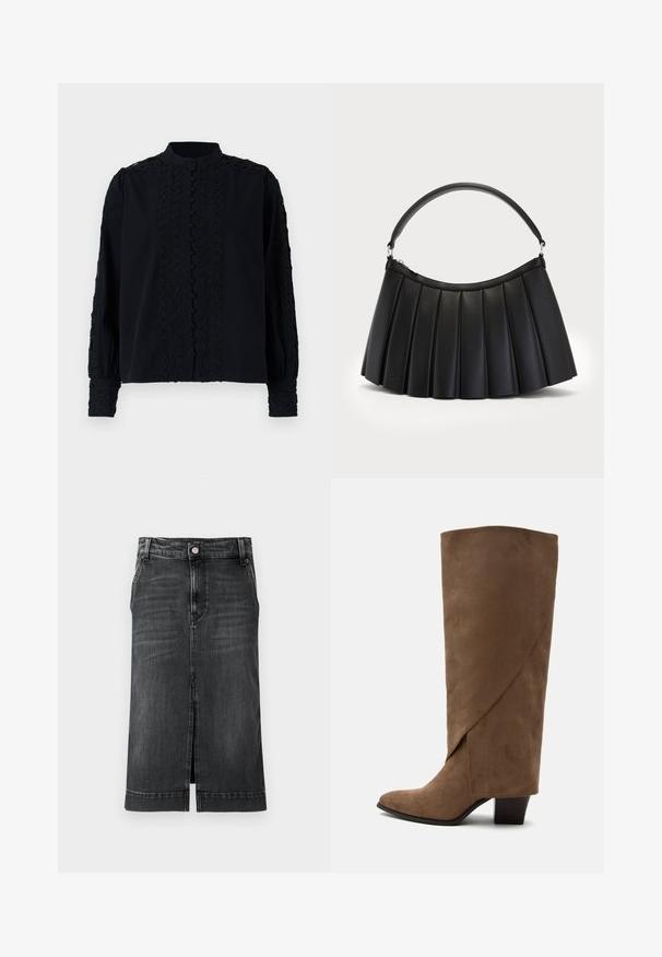 Sorte bluse med høj krave, der har lodret blonde-detaljering og knaplukning. Lange ærmer med broderede detaljer ved manchetterne.; Mørk denimnederdel med lige snit, knælang, med forkert split og klassisk fem-lommer design. Har en knaplukning og bæltestropper.; Brun ruskind knehøj støvle med en foldet detalje og en mellemhøj blokhæl, vist fra siden på en hvid baggrund.; Sort plisseret håndtaske lavet af syntetisk læder, med et buet håndtag og lynlåslukning i toppen. Glat tekstur med struktureret design.