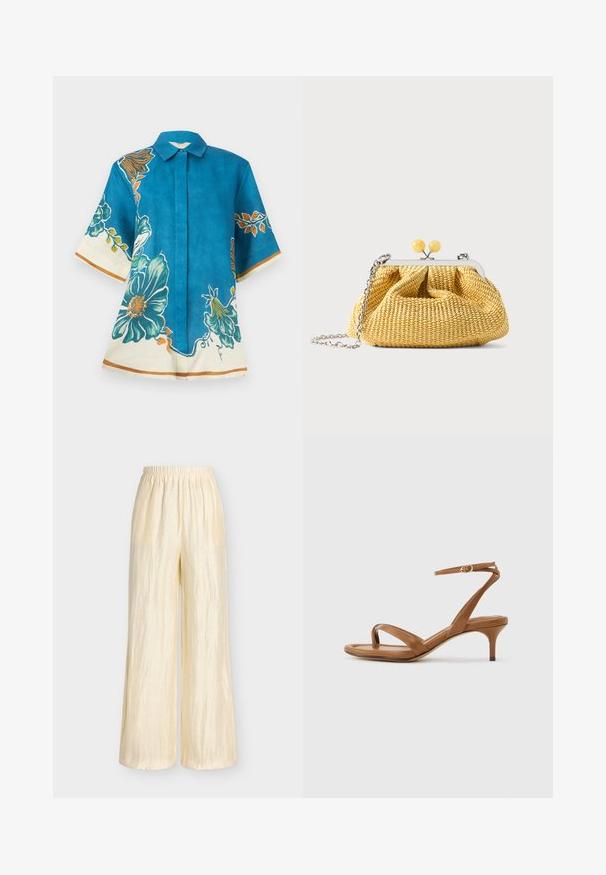 Blouse bleu à manches courtes avec de grands imprimés floraux bleu sarcelle et orange, bordures crème aux manches et à l'ourlet, devant boutonné et col pointu.; Pantalon large beige clair avec une taille élastique froncée et une texture de tissu légèrement froissée.; Sandale en cuir marron avec lanières, talon bas en forme de petit escarpin et bride à la cheville avec une petite boucle, vue de côté sur un fond uni.; Petit sac à main tissé jaune avec cadre argenté, deux fermoirs boules jaunes et une bandoulière chaîne argentée sur fond blanc.