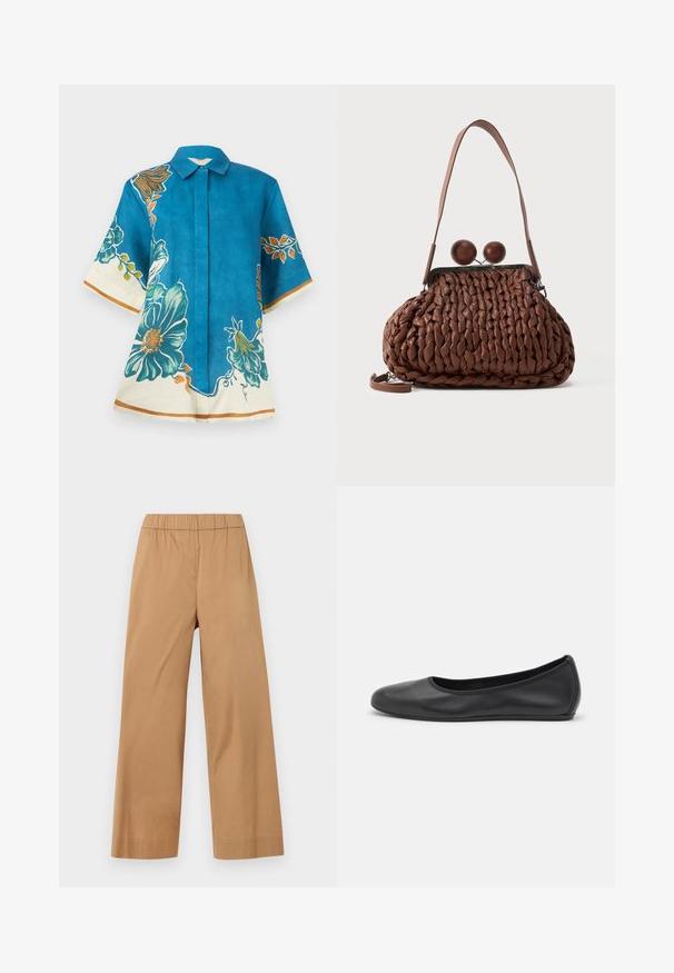 Blouse bleu à manches courtes avec de grands imprimés floraux bleu sarcelle et orange, bordures crème aux manches et à l'ourlet, devant boutonné et col pointu.; Pantalon beige à jambes larges avec taille élastique, sans poches ni fermetures visibles, présenté sur un fond clair uni.; Ballerines en cuir noir avec un bout rond, texture lisse, détails de couture minimalistes et design de semelle flexible.; Sac à main en cuir tressé marron avec une seule bandoulière et deux grandes fermetures rondes en bois sur le dessus.