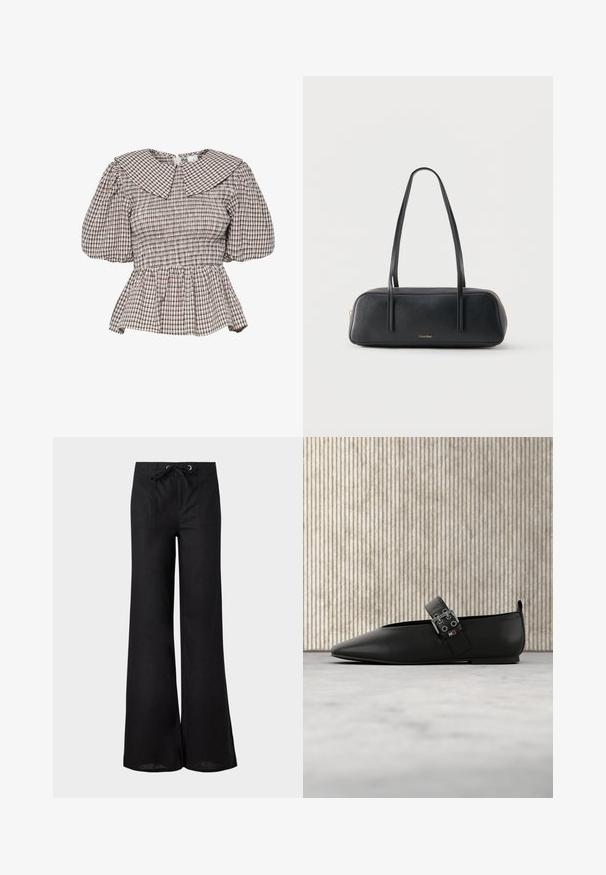 Gesmokt peplumtop met een grote kraag. Gemaakt van een stof met een geruit patroon in gedempte kleuren. Pofmouwen en geraffineerde details.; Zwarte wijde broek met opgestikte voorzakken en een taillekoord met metalen oogjes op een witte achtergrond.; Zwart leren platte schoen met een toegespitste neus en zijband, voorzien van zilveren beslag. Gladde textuur tegen een neutrale tapijten achtergrond.; Zwarte rechthoekige schoudertas met dunne bandjes, gouden rits en klein gouden Calvin Klein-logo in het midden aan de voorkant.