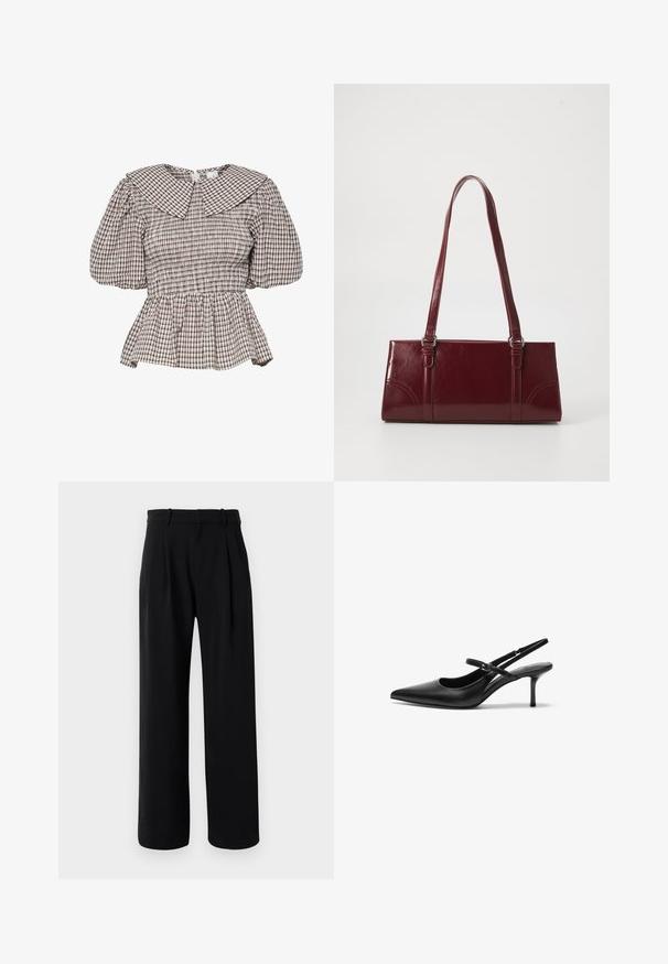 Haut peplum smocké avec un grand col. Confectionné en tissu à motif écossais dans des tons atténués. Manches bouffantes et détails froncés.; Pantalons tailleur noirs taille haute avec jambes larges, passants de ceinture et pinces avant sur un fond blanc.; Talons aiguilles noires en cuir avec un bout pointu, une fine bride réglable, et un talon aiguille d'environ 5 cm, texture lisse.; Sac à main bordeaux en matériau brillant, de forme rectangulaire, avec deux anses et des accents légèrement courbés à l'avant.