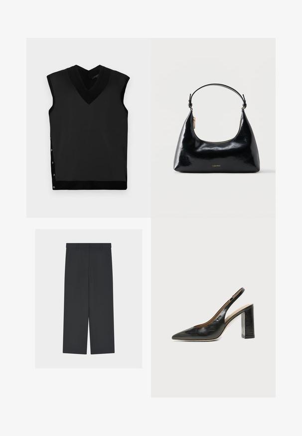 Top negro sin mangas con escote en V, textura suave, cuello acanalado en contraste y detalle de botones de presión en el lado izquierdo.; Pantalones negros de pierna ancha con trabillas para cinturón, parte delantera lisa y sin bolsillos visibles, mostrados sobre un fondo gris claro.; Zapato slingback de piel negra con puntera puntiaguda, tacón alto y ancho, y forro interior beige sobre un fondo claro y liso.; Bolso negro brillante de Calvin Klein con cremallera dorada y correa corta sobre un fondo blanco liso.