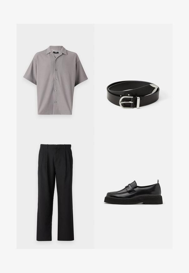 Lyhythihainen nappipaita vaaleanharmaana, jossa on pystysuunnassa viilletty pinta, kaulus ja viisi nappia edessä. Rennon istuvuuden ja muotoilun omaava.; Jack & Jones Classic Wide Leg Fit - Housut - black; Musta nahka loafer-tyyliset kengät, joissa on littee, kuvioitu pohja, jossa on tikattu varvas ja hihna jalkapöydän kohdalla.; Mustat nahka vyö, jossa on hopeinen metallisolki, klassinen muotoilu ja sileä pinta. Sisältää reiät säädettävää käyttöä varten.