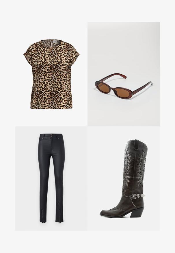 Top de estampado de leopardo, con mangas cortas y escote redondo, hecho de una tela sedosa; presenta un fondo beige con manchas negras y marrones.; Pantalones ajustados de imitación piel negra con dos bolsillos frontales, cierre de doble botón y cremallera en los tobillos para un ajuste ajustable. Textura suave en toda su superficie.; Bota cowboy de cuero negro con recortes decorativos, hebilla plateada y tacón inclinado, presentada sobre fondo blanco.; Gafas de sol redondas con tinte marrón y un marco burdeos brillante. Patillas delgadas con un sutil detalle de marca. Diseño de lentes planos.
