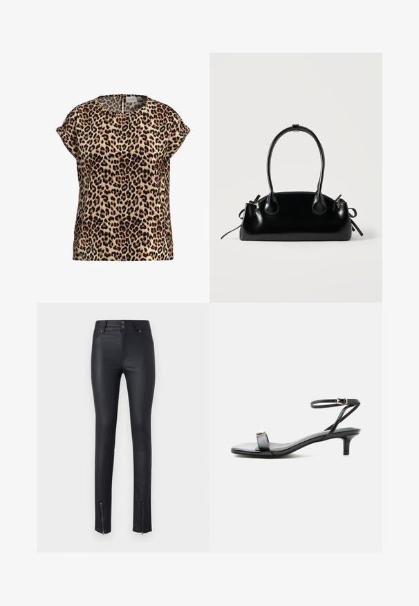 Top de estampado de leopardo, con mangas cortas y escote redondo, hecho de una tela sedosa; presenta un fondo beige con manchas negras y marrones.; Pantalones ajustados de imitación piel negra con dos bolsillos frontales, cierre de doble botón y cremallera en los tobillos para un ajuste ajustable. Textura suave en toda su superficie.; Sandalia de cuero negro con punta abierta, tacón bajo tipo ‘‘kitten’’, tirante fino en el tobillo con hebilla dorada y detalle decorativo dorado en la tira delantera.; Pequeño bolso negro brillante con dos asas largas y detalles de cordón lateral sobre un fondo claro liso.