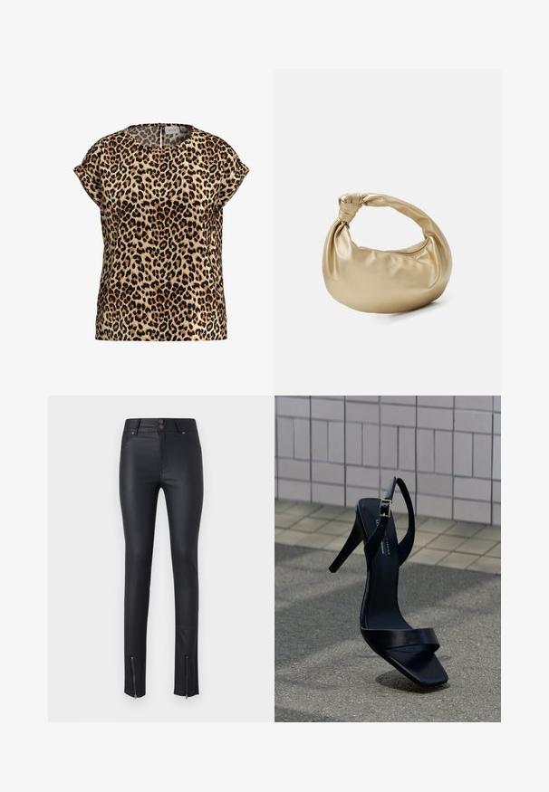 Top de estampado de leopardo, con mangas cortas y escote redondo, hecho de una tela sedosa; presenta un fondo beige con manchas negras y marrones.; Pantalones ajustados de imitación piel negra con dos bolsillos frontales, cierre de doble botón y cremallera en los tobillos para un ajuste ajustable. Textura suave en toda su superficie.; Sandalia negra de tacón alto con correa en el tobillo y punta cuadrada, situada sobre el pavimento frente a una pared con azulejos.; Bolso de metal dorado con una textura suave y brillante. Presenta un asa anudada y una forma redondeada y suave. Cierre de cremallera en la parte superior.
