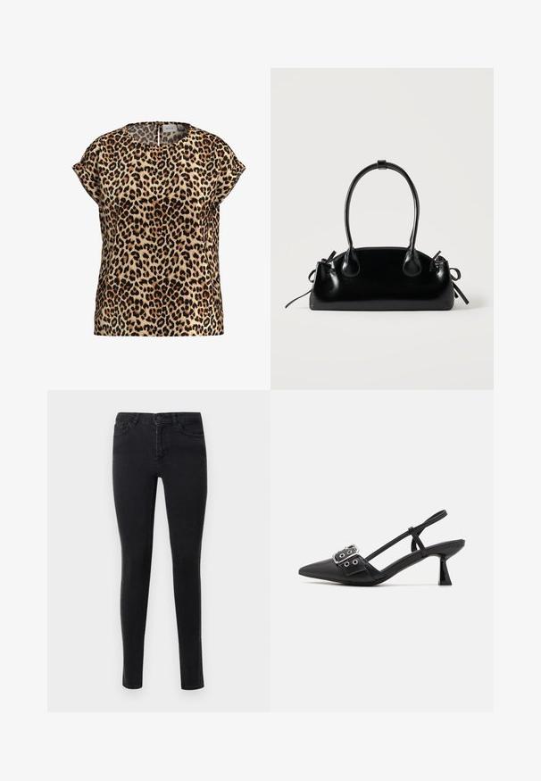 Top de estampado de leopardo, con mangas cortas y escote redondo, hecho de una tela sedosa; presenta un fondo beige con manchas negras y marrones.; Vaqueros skinny negros de denim con una textura suave. Presenta bolsillos delanteros y costuras decorativas a lo largo de las costuras laterales.; Simmi London DALA - Tacones - black; Pequeño bolso negro brillante con dos asas largas y detalles de cordón lateral sobre un fondo claro liso.