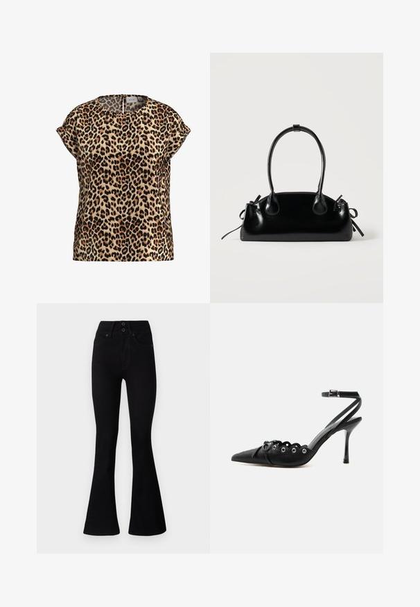 Leopardprint top, korte mouwen, ronde hals, gemaakt van een zijdezachte stof; heeft een tan achtergrond met zwarte en bruine vlekken.; Pepe Jeans FLARE CONTOUR - Flared Jeans - black denim; Zwarte pumps met hoge hak en spitse neus, gegolfde randen, metalen oogjes, vetergespsluiting aan de voorzijde en enkelriem met gespsluiting.; Kleine zwarte glanzende handtas met twee lange hengsels en zijkant trekkoord details op een effen lichte achtergrond.