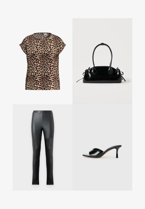 Top de estampado de leopardo, con mangas cortas y escote redondo, hecho de una tela sedosa; presenta un fondo beige con manchas negras y marrones.; Leggings negros hechos de un material suave y brillante, con una cintura alta y un diseño ajustado. Sin costuras visibles ni adornos.; Mules de tacón alto de cuero negro con diseño de punta descubierta y una amplia correa superior curva. Textura suave y silueta elegante.; Pequeño bolso negro brillante con dos asas largas y detalles de cordón lateral sobre un fondo claro liso.