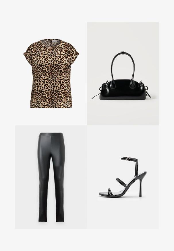 Top med leopardprint, korte ærmer, rund halsudskæring, lavet af silkeagtigt stof; har en lys brun baggrund med sorte og brune pletter.; Sorte leggings lavet af glat, glansfuldt materiale med høj talje og en tætsiddende design. Ingen synlige sømme eller udsmykninger.; Sorte patentlæder højhælede sandaler med tre horisontale stropper og en justerbar ankelstrop. Elegant silhuet og skinnende finish.; Lille sort blank håndtaske med to lange håndtag og snøre-detaljer i siden på en ensfarvet lys baggrund.