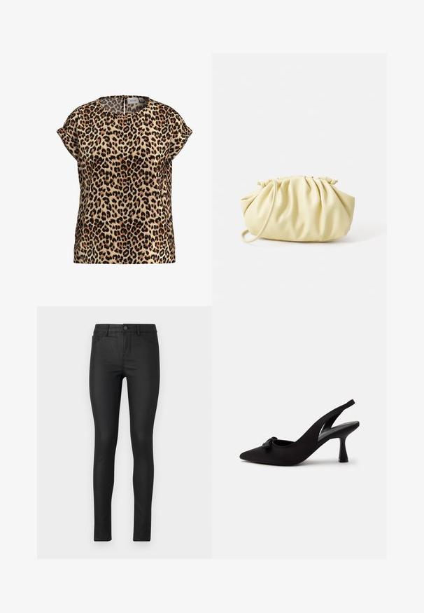 Top de estampado de leopardo, con mangas cortas y escote redondo, hecho de una tela sedosa; presenta un fondo beige con manchas negras y marrones.; Jeans skinny negros con una textura suave, cintura alta y diseño de cinco bolsillos. Presentan un cierre de botón en la parte delantera y detalles de costura.; Zapato de tacón alto de punta afilada con tira trasera negra, con un pequeño lazo en la parte delantera y tacón estrecho, mostrado sobre un fondo blanco.; Bolso amarillo plisado hecho de cuero sintético suave, con una forma blanda y una sola correa para el hombro, además de un diseño de parte superior recogida.