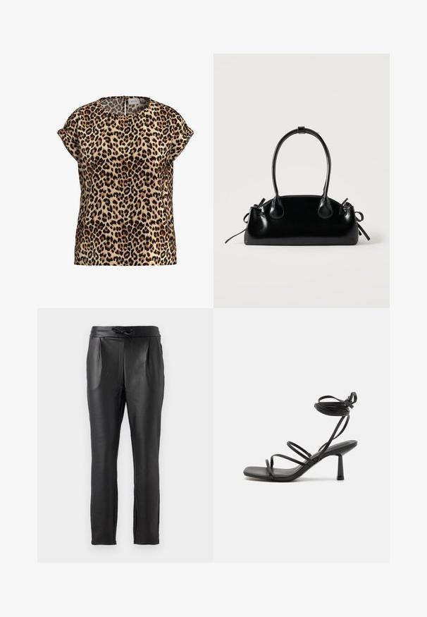 Top med leopardprint, korte ærmer, rund halsudskæring, lavet af silkeagtigt stof; har en lys brun baggrund med sorte og brune pletter.; Sorte læderbukser med en glat tekstur, der har snor i taljen, frontfolder og en skræddersyet pasform.; Sort strappy sandal med firkantet tå, justerbare ankelbind og en slank, blokhæl. Fremstillet af et glat, holdbart materiale.; Lille sort blank håndtaske med to lange håndtag og snøre-detaljer i siden på en ensfarvet lys baggrund.