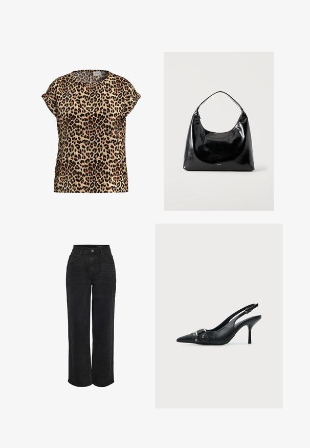 Leopardprint top, korte mouwen, ronde hals, gemaakt van een zijdezachte stof; heeft een tan achtergrond met zwarte en bruine vlekken.; Zwart high-waisted spijkerbroek met rechte pijpen, voor knoop en vijf zakken.; Zwarte leren pumps met hoge hak en slingback, met een puntige neus en een gesp- en oogjesriem detail aan de voorkant.; Zwarte glanzende schoudertas met een enkele band en klein "RAID" logo aan de onderkant in het midden op een effen lichte achtergrond.