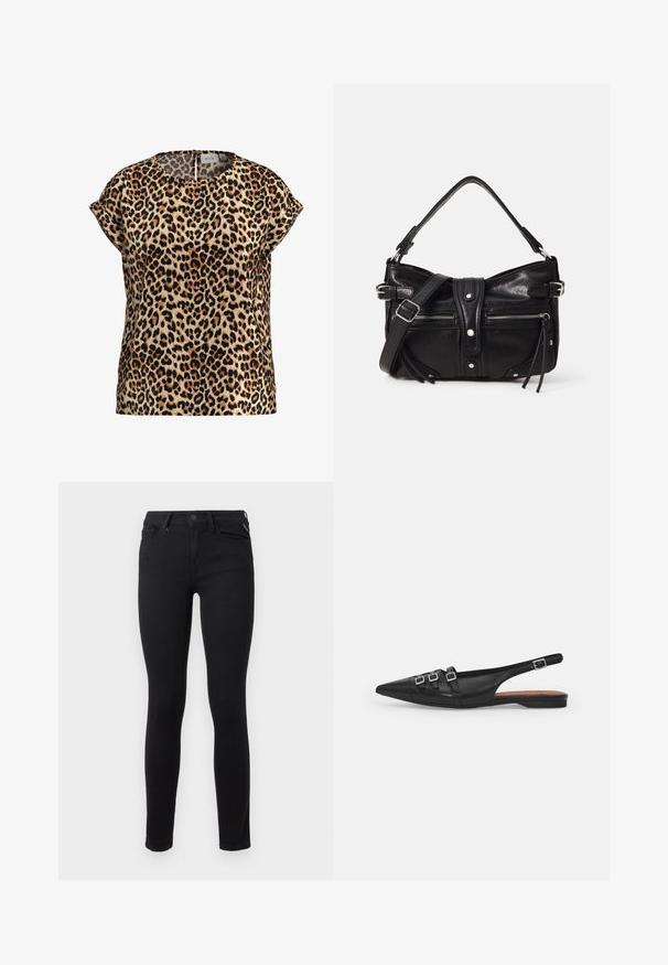 Top med leopardprint, korte ærmer, rund halsudskæring, lavet af silkeagtigt stof; har en lys brun baggrund med sorte og brune pletter.; Sorte skinny jeans lavet af stræk denim. Har et klassisk fem-lomme design og standard metalknaplukning i taljen.; Sort læderslyngeflad sko med spids tå, der har to vandrette stropper og firkantede sølvspænder, lav hæl og glat tekstur.; Even&Odd by Zalando H24462 - Håndtasker - black