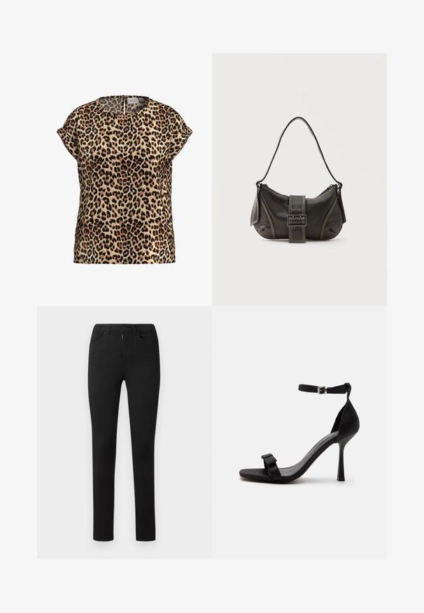 Top de estampado de leopardo, con mangas cortas y escote redondo, hecho de una tela sedosa; presenta un fondo beige con manchas negras y marrones.; Jeans negros ajustados con una textura suave, diseño estándar de cinco bolsillos, cremallera frontal y cierre de botón. Sin patrones ni acentos visibles.; Sandalia negra de tacón alto con una correa en el tobillo, hebilla plateada y una correa frontal con un pequeño detalle de lazo.; Bolso de hombro de cuero negro con detalle de correa con hebilla, bordes curvos y costuras blancas en contraste sobre un fondo liso.