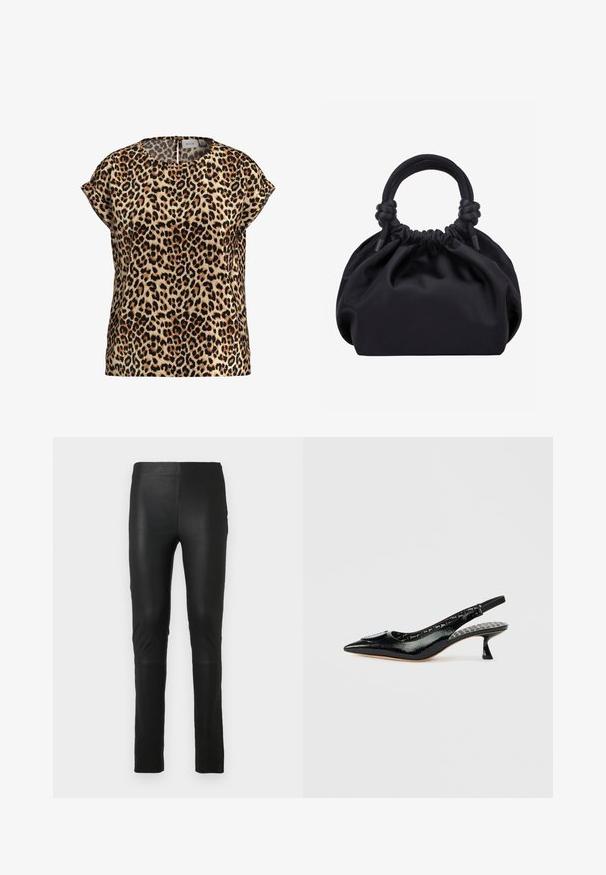Top en imprimé léopard, à manches courtes, col rond, en tissu soyeux ; présente un fond beige avec des taches noires et brunes.; Leggings noirs en tissu lisse et extensible. Design ajusté avec une texture douce. Présente des détails de couture au niveau des genoux.; Escarpins à talons slingback en cuir verni noir avec bout pointu, surface texturée et petit talon. Intérieur avec une doublure à motifs et texte.; Sac à main en tissu noir doux avec haut froncé et poignées circulaires rembourrées nouées de chaque côté.