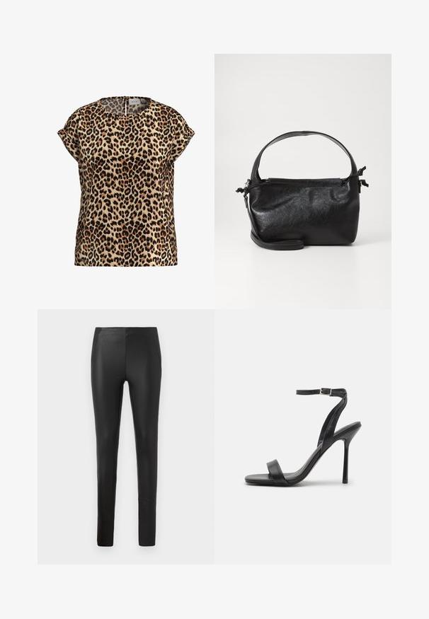 Top en imprimé léopard, à manches courtes, col rond, en tissu soyeux ; présente un fond beige avec des taches noires et brunes.; Pantalons noirs en simili cuir extensible, avec une coupe ajustée, des poches latérales et une texture lisse, conçus pour une silhouette épurée.; Sandale à talons hauts noire avec une fine sangle au niveau de la cheville et deux bandes à l'avant. Fabriquée en cuir lisse avec un bout pointu élégant et un talon aiguille.; Sac à main en cuir noir au design structuré, avec une poignée arrondie et une bandoulière amovible. Présente une texture lisse et un éclat subtil.