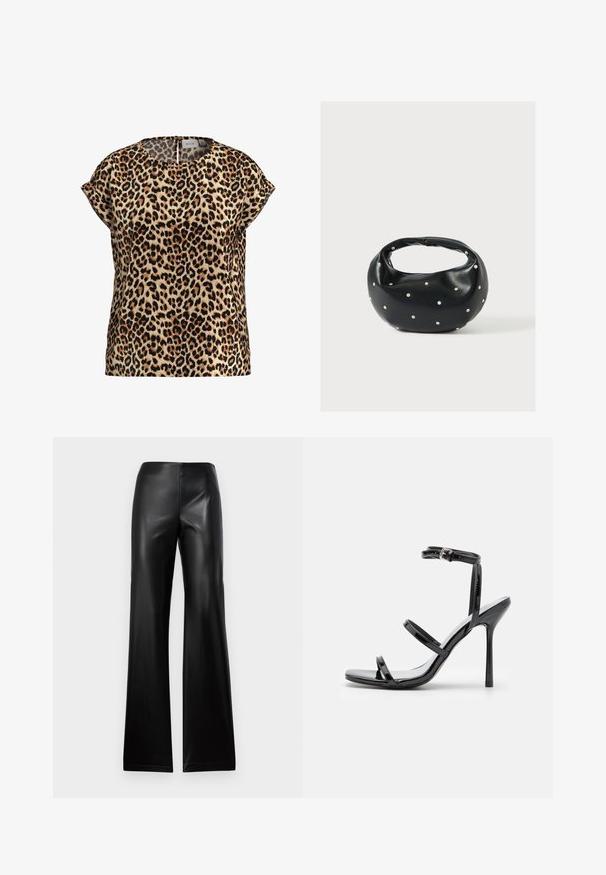Leopardprint top, korte mouwen, ronde hals, gemaakt van een zijdezachte stof; heeft een tan achtergrond met zwarte en bruine vlekken.; Zwarte leren uitlopende broek met een gladde textuur, voorzien van een hoge tailleband en een eenvoudig ontwerp, die aan de bovenkant versmalt en naar de zoom toe verwijdt.; Zwarte gepatineerde leren hoge hak sandalen met drie horizontale banden en een verstelbare enkelband. Slanke silhouette en glanzende afwerking.; Zwarte leren handtas met een afgeronde vorm, versierd met zilveren studs, en een korte handgreep. Gladde textuur en ritsluiting.