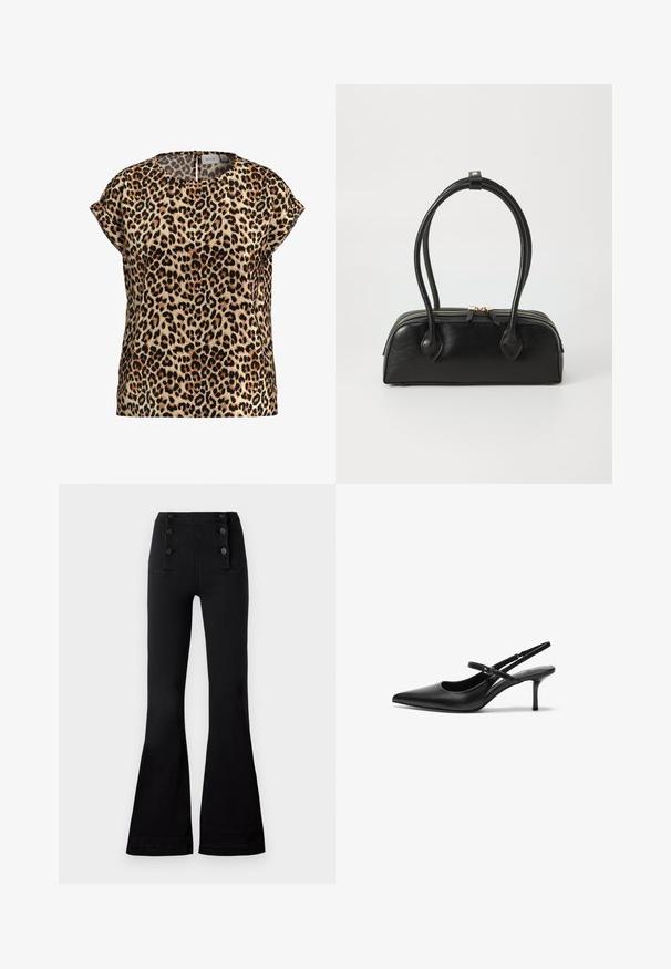 Top med leopardprint, korte ærmer, rund halsudskæring, lavet af silkeagtigt stof; har en lys brun baggrund med sorte og brune pletter.; Sorte flagrende bukser lavet af denim med høj talje, der har fire dekorative knapper foran og en glat tekstur.; Sorte læder slingback hæle med spids tå, slank justerbar rem og en stiletto hæl på cirka 5 cm, glat tekstur.; Sort læder håndtaske med to langstrakte håndtag, lynlåslukning og afrundet form; glat tekstur med en subtil blank finish.